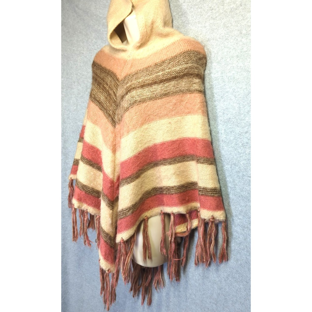 Free People Striped Hooded Poncho OS Fringe Pink Brown Festival Cozy Autumnal